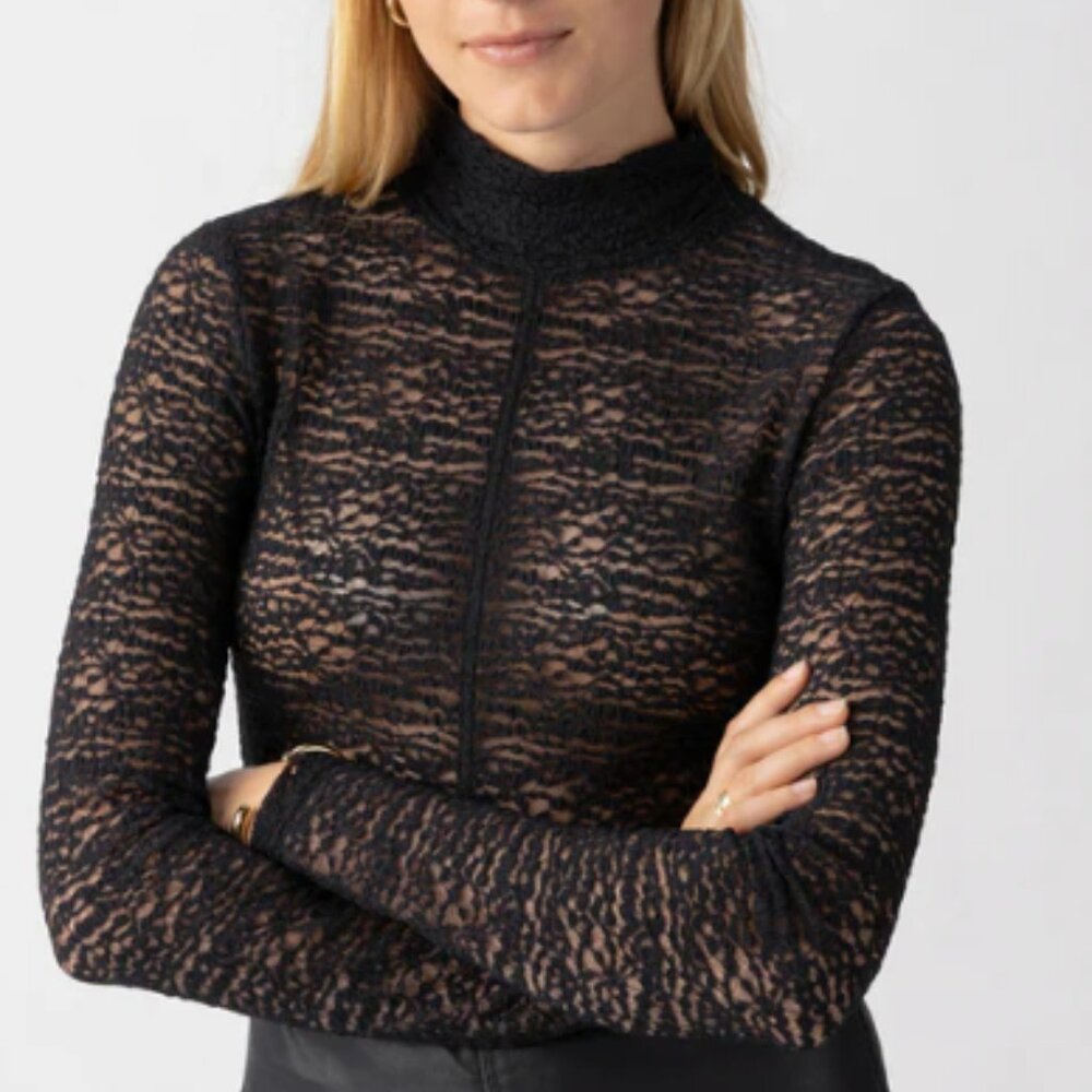Sanctuary Long Sleeve Textured Stretch Lace Mock Neck Top Black in Med